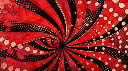 Playful red backdrop with bold pinwheels and vibrant dotted comic elements