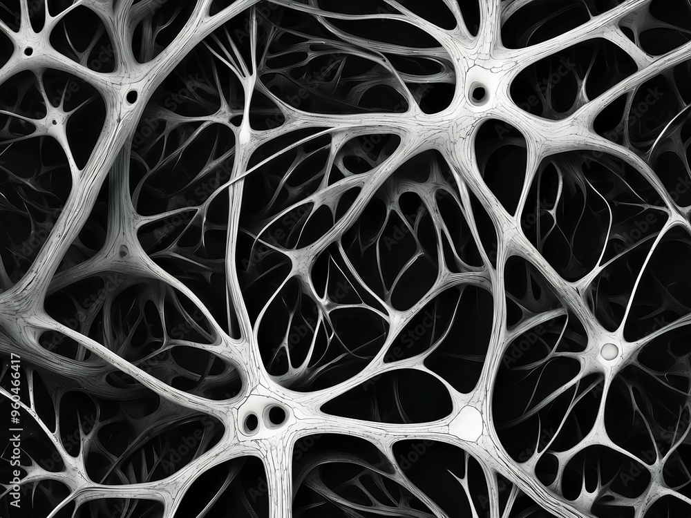 Poster organic white network set against a stark black background, evoking images of neural connections and