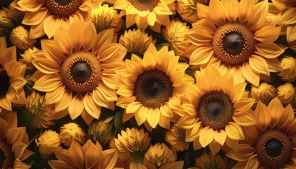 Many yellow sunflowers that are in a bunch, nature background