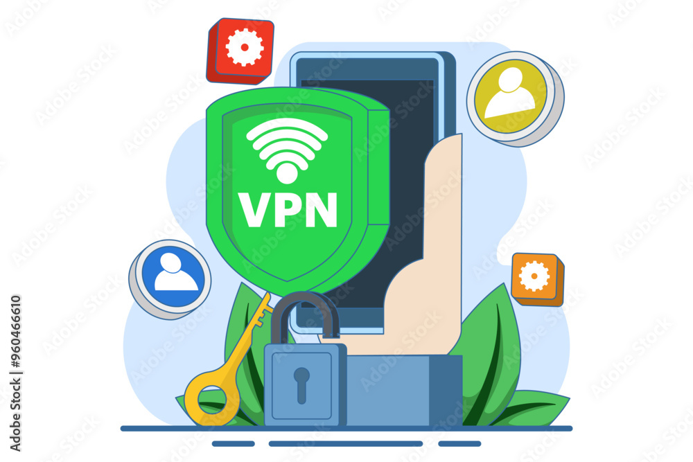 Sticker Virtual private network concept, Secure web traffic, Secure router access, Security on the internet, Encrypted data transfer, Remote server, VPN access, Digital personal data protection. vector.