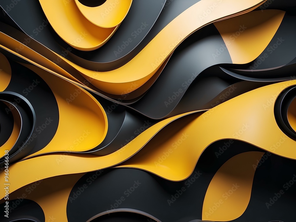 Poster flowing yellow and black waves intertwining in a bold abstract pattern, highlighting the contrast be