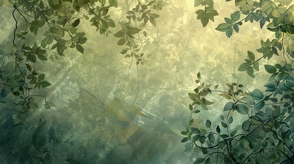 Detailed forest scene with layered textures of leaves and vines in green tones