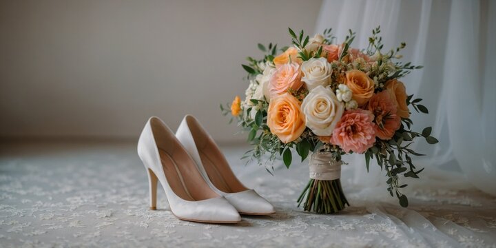 shoes of the bride with a wedding bouquet.