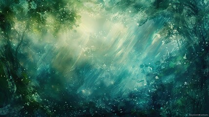 Obraz premium Ethereal forest backdrop with swirling mists and light in cool green-blue tones