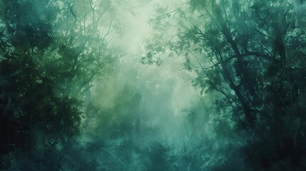 Fototapeta premium Forest backdrop with swirling mist and dappled light in green and blue shades