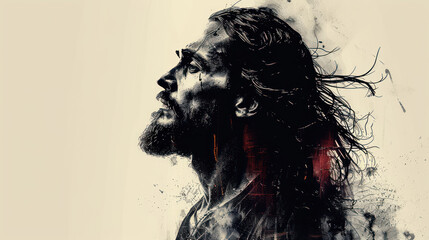 Fototapeta premium A striking portrait of a thoughtful man with long hair gazing into the distance, showcasing powerful emotions. Generative AI