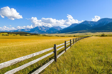 Fototapeta premium a sun-weathered wooden fence stretching across a golden prairie, with distant purple mountains and a big, cloud-dotted sky