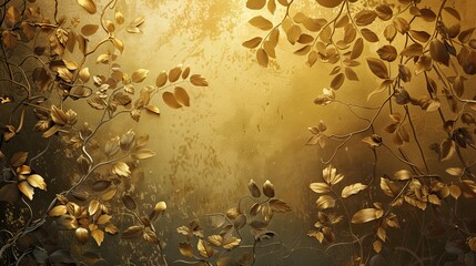Wallpaper with intricate leaf and vine patterns highlighted by soft golden light