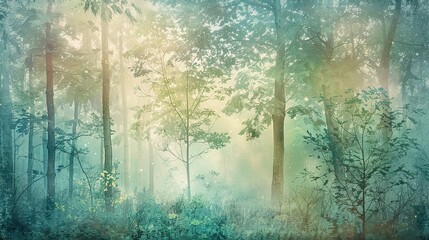 Watercolor textures and soft light gradients in a serene green-blue forest scene
