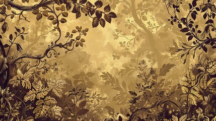 Intricate forest wallpaper with leaf and vine patterns highlighted by soft light