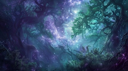 Fototapeta premium Forest backdrop with smoke-like textures and glowing ethereal light in deep green