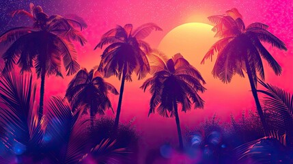 Naklejka premium Neon palm tree silhouettes over a vibrant sunset gradient in a retro 80s background