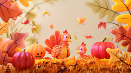 Obraz premium Cartoon Turkeys with Pumpkins and Autumn Leaves