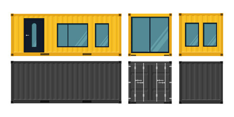 Yellow and black container houses and cargo containers. Vector illustration. Isolated on a white background.	