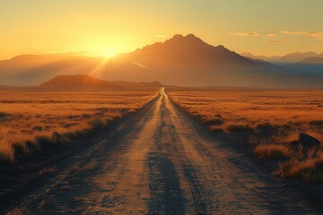 vast desert landscape under scorching sun winding road disappears into shimmering distance rugged mountains loom on horizon heat waves distort barren scenery