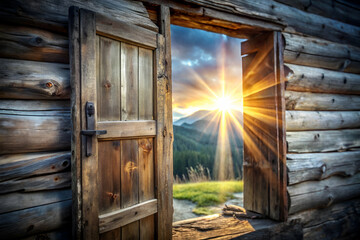 Fototapeta premium A wooden cabin with a door open to the outside. The sun is shining through the window, illuminating the room. The scene is peaceful and serene