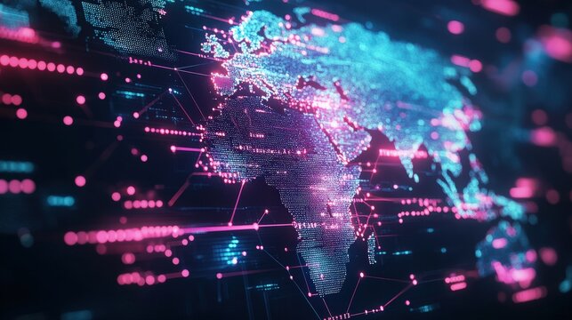 Colorful digital world map with glowing lines, representing global connectivity and technology advancements.