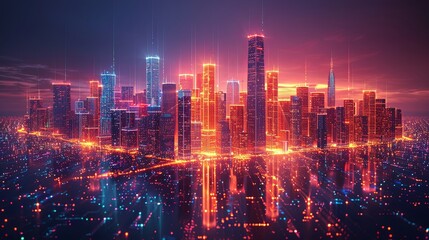 Obraz premium Urban 3D panorama - architectural background illustration. The city center is residential, business environment. Apartment rental - advertising background with glowing lines of transport