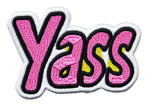 Colorful embroidered patch featuring the word Yass, cut out - stock png.