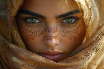 veiled enigma ethereal portrait of arab woman with piercing eyes peering through gossamer veil intricate henna patterns adorning skin bathed in soft diffused desert light