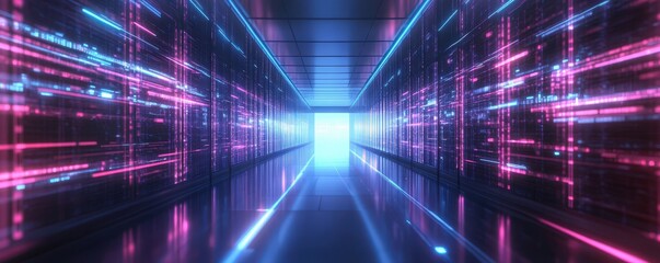 Fototapeta premium A futuristic corridor illuminated by vibrant neon lights, representing a digital journey through a high-tech environment.