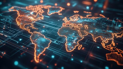 A futuristic world map illuminated with neon colors, showcasing technology and connectivity in a digital landscape.