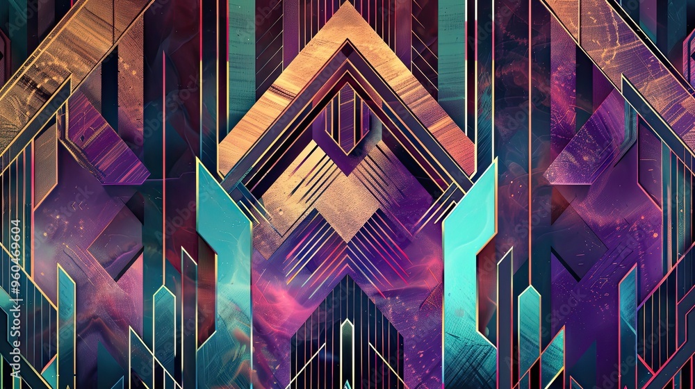 Poster bold angular patterns in bronze and deep purple highlighted by glowing teal gradients for art deco s