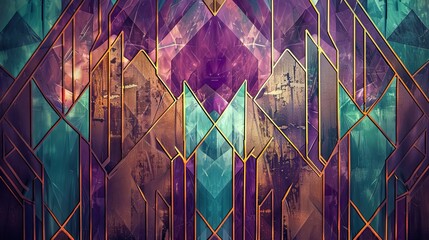 Glamorous Art Deco backdrop with bronze and purple angular shapes highlighted by teal and turquoise gradients
