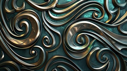 Silver and gold Art Deco design on a luxurious deep blue and emerald backdrop