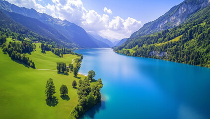 Fototapeta premium Beautiful colourful landscape of a blue lake in a green valley surrounded by mountains