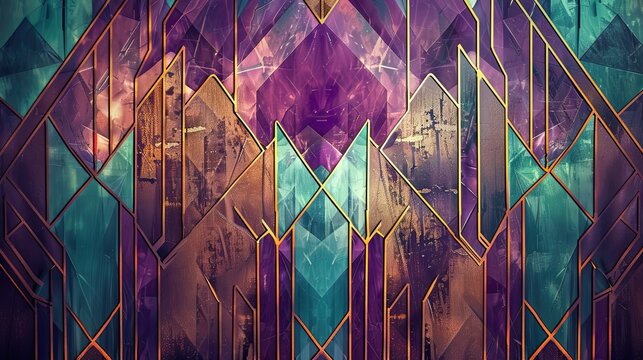 Glamorous Art Deco backdrop with bronze and purple angular shapes highlighted by teal and turquoise gradients