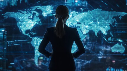 A businesswoman standing in front of a radar display that shows the movement of global markets and economic trends