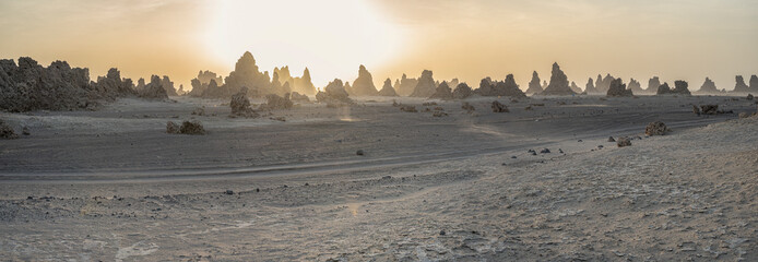 Panoramic of desert landscape in Djibouti, Lake Abbe Area