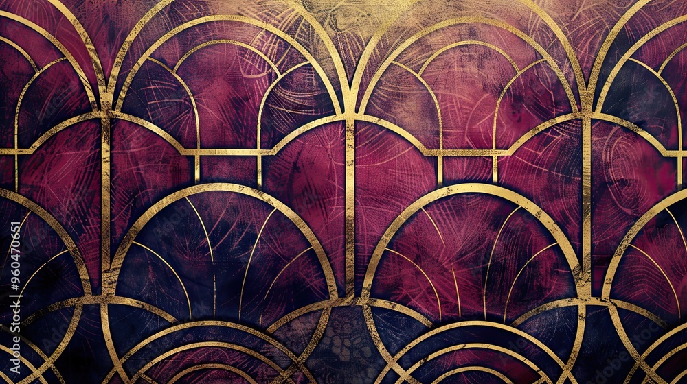 Canvas Prints Art Deco background with gold lattice patterns over a burgundy gradient