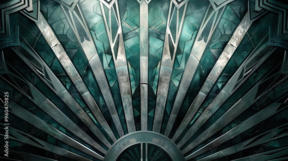 Canvas Prints Silver sunburst motifs over a gradient emerald and sapphire Art Deco background