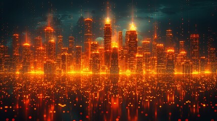 Fototapeta premium Urban 3D panorama - architectural background illustration. The city center is residential, business environment. Apartment rental - advertising background with glowing lines of transport