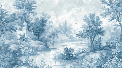 Classic toile designs in blue on a vintage wallpaper background with a worn look
