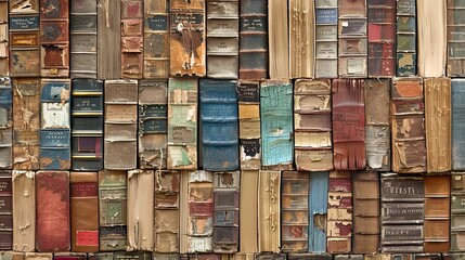 Book spines in vintage colors and textures for a cozy scholarly wallpaper backdrop