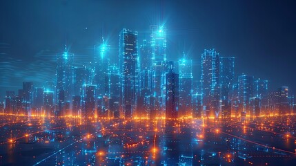Fototapeta premium Urban 3D panorama - architectural background illustration. The city center is residential, business environment. Apartment rental - advertising background with glowing lines of transport