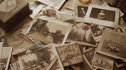 Sepia photos and postcards forming a nostalgic collage on a vintage background