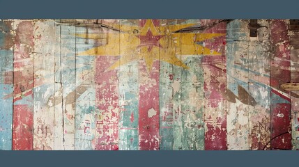 Muted circus poster design on a vintage wallpaper with a whimsical faded texture