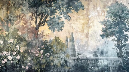 Vintage wallpaper featuring a hand-painted classical garden mural slightly faded