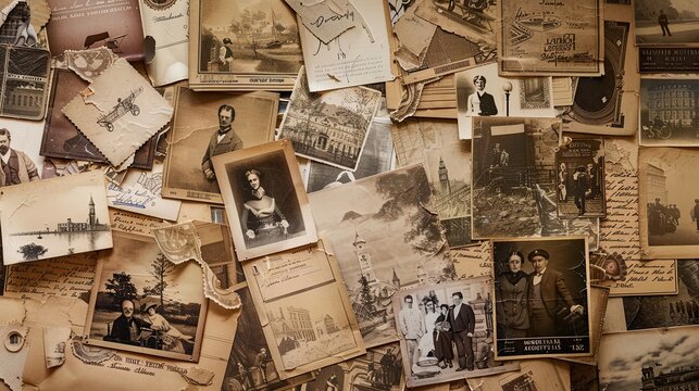 Sepia-toned photographs and postcards arranged in a nostalgic vintage collage