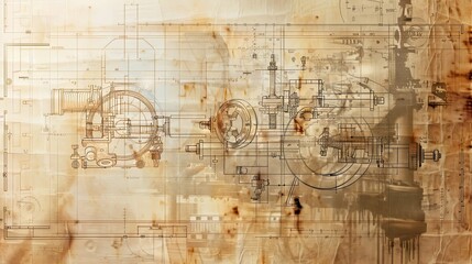 Obraz premium Vintage wallpaper with antique blueprints of machinery and structures industrial vibe
