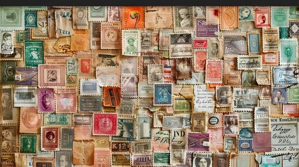Antique postage stamps arranged in various colors on a vintage backdrop evoking nostalgia