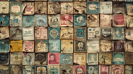 Collection of old postage stamps in a visually appealing pattern on a vintage background