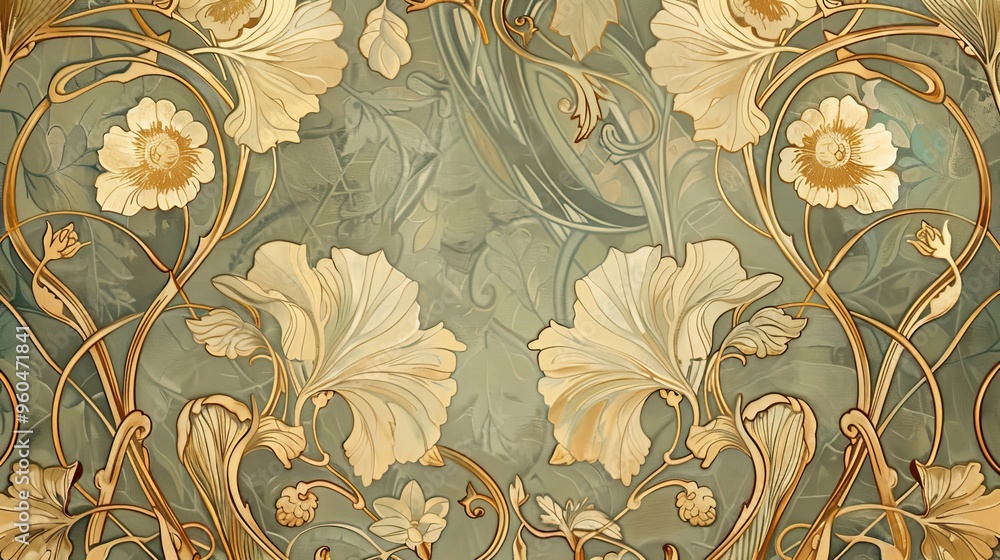 Canvas Prints Vintage Art Nouveau wallpaper with flowing lines and floral designs in muted colors aged look