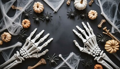 Many fake skeleton hands and pumpkins on a table, halloween holiday