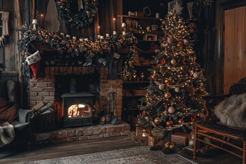 A cozy living room with a fireplace and a Christmas tree, generative ai image