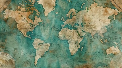 Detailed hand-drawn world map on a slightly crinkled vintage background for an explorer's feel